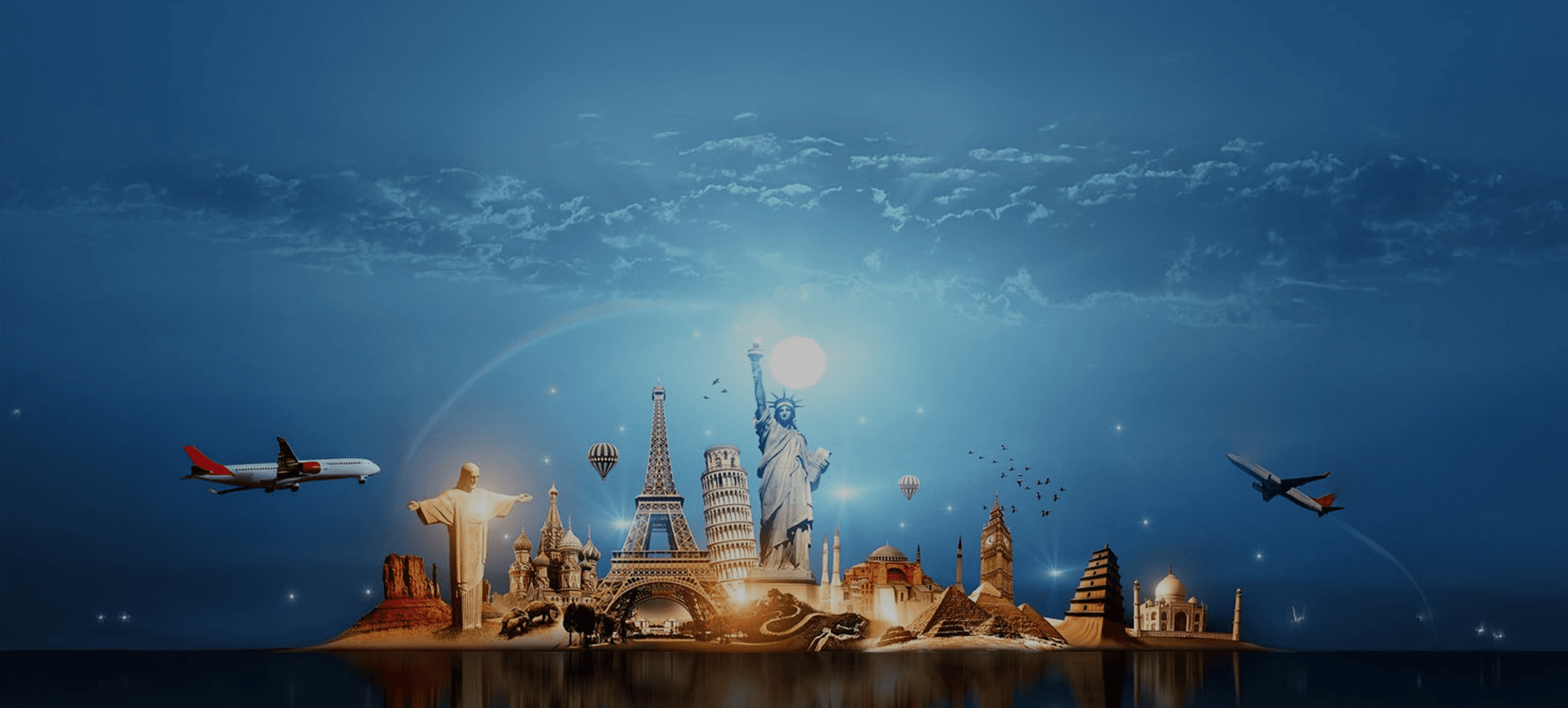 Global travel landmarks at dusk